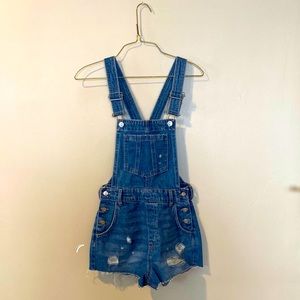 Overalls, bibs, shorts, distressed, size 0, cheeky fit, worn 5 times
